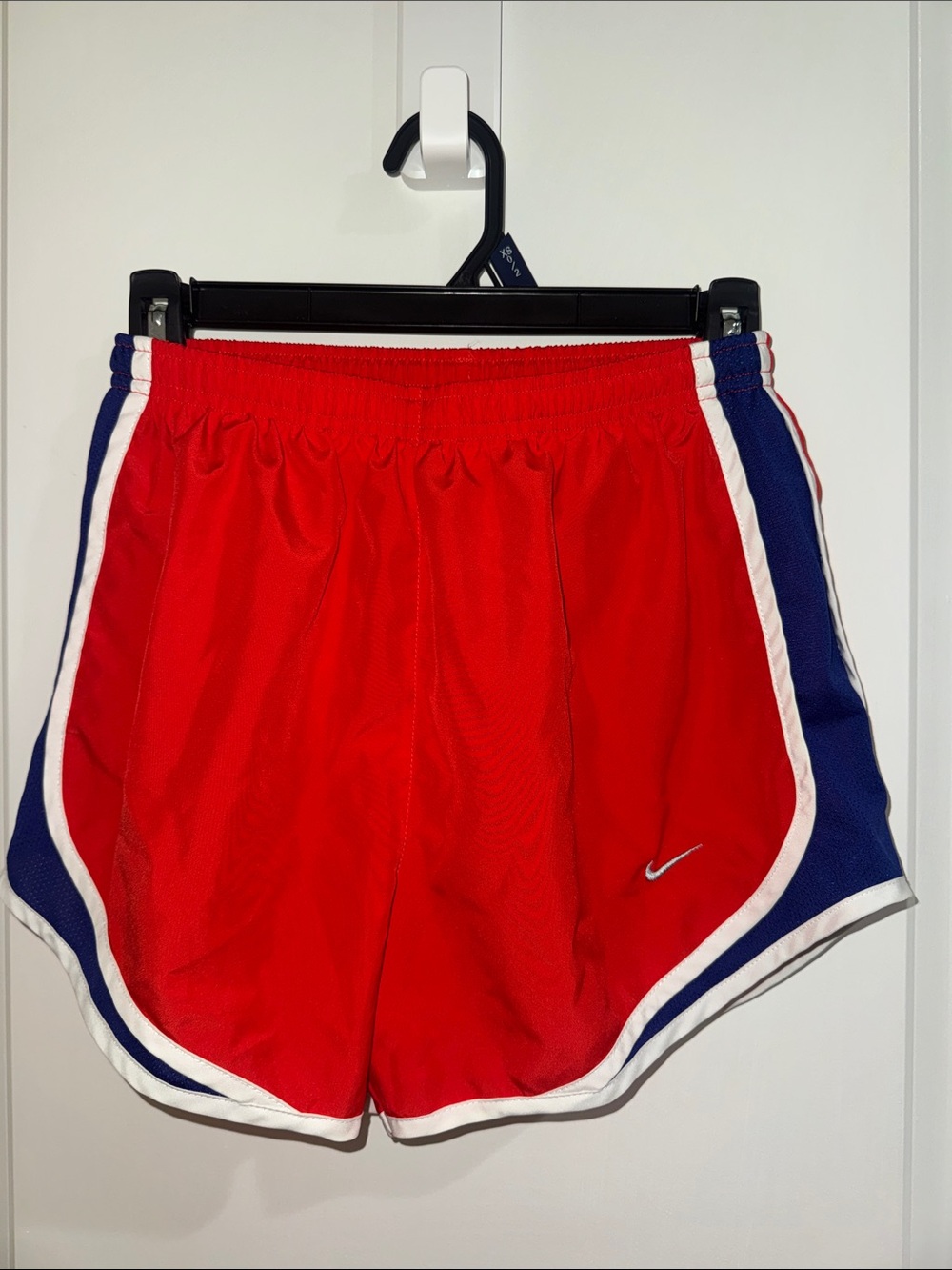 Nike Women's Red Athletic Shorts with Blue Panels and White Trim
